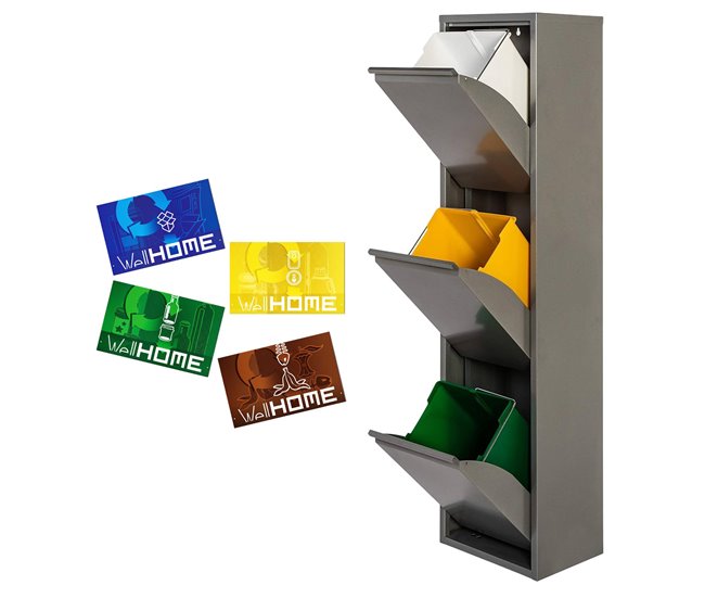 9ac170b53ac5e35db56260eb025651d6998f3550_24a750377a244bf4920ebf3330471aef WELL HOME MOBILIARIO & DECORACIÓN Cubo de basura y reciclaje Metálico de 3 compartimentos + 4 etiquetas magnéticas, 3x17L (51L) Gris brillo - Conforama Comprar En Línea