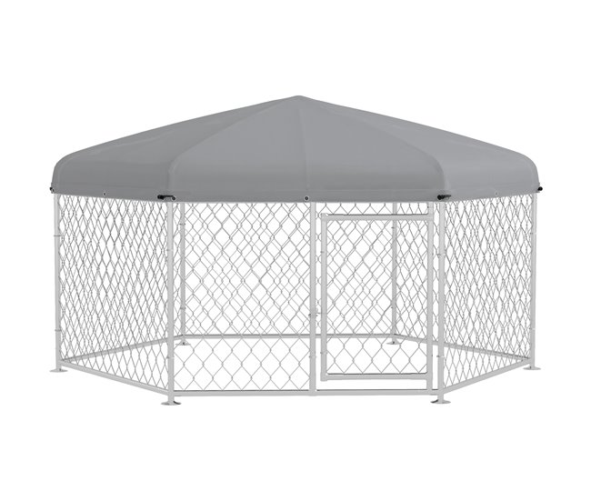 PawHut Perrera de Exterior Hexagonal Jaula para Perros con Puerta Marco de Acero Galvanizado y Toldo Impermeable y Anti-UV 210x185x150 cm Plata - Conforama Precio Reducido