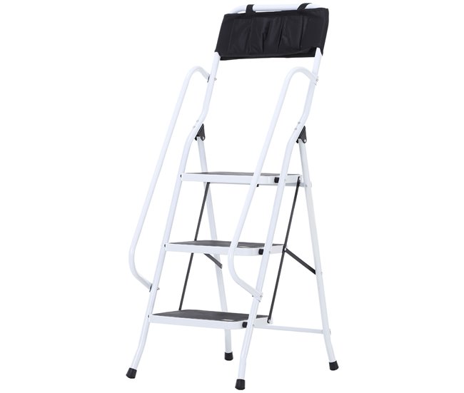 Máxima Calidad HOMCOM Escalera Plegable de 3 Peldaños Escalera de Tijera de Metal con Apoyabrazos y Portaherramientas Carga 150 kg 51x66x131 cm Blanco y Negro - Conforama