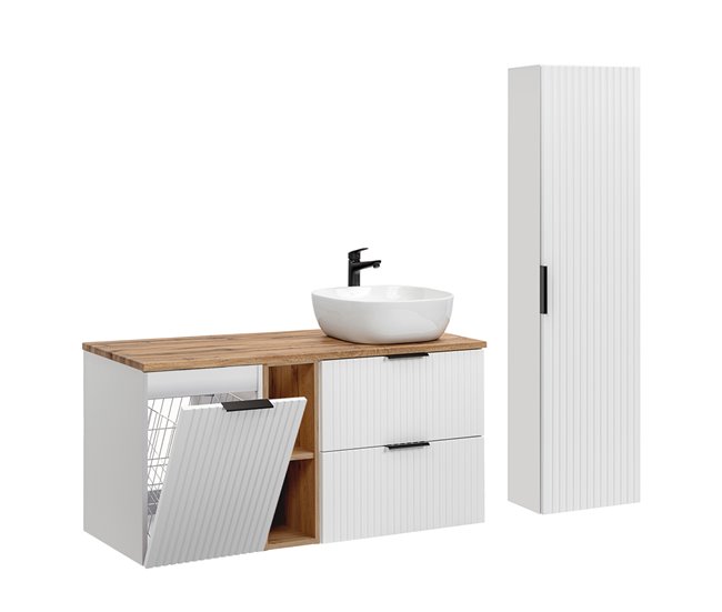 Bestseller Conjunto mueble lavabo individual 120cm 2 compartimientos cesto de ropa y columna Adriel Cachemira y Madera - Conforama