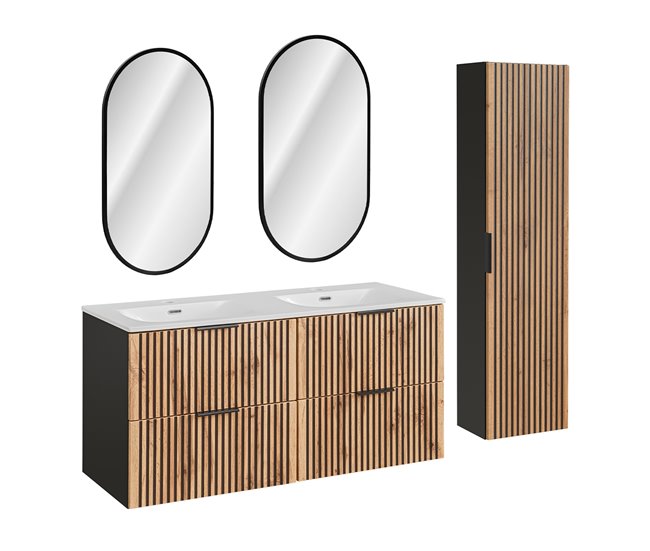 ab677636ef46aced124f5b463e115332f2c6a5de_f663805fa5f34d02896dd796c6ae6ff9 Conjunto mueble lavabo doble encastrado 120cm espejos LED y columna Gaia Madera y Negro - Conforama Oferta Especial