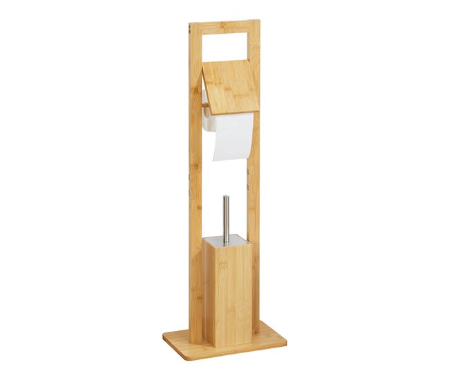 Artesanal Escobillero de pie con portarrollos Västerås con escobilla bambú 83x28x18 cm natural/plateado [en.casa] - Conforama