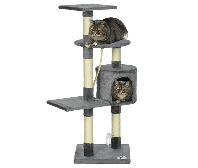 PawHut Rascador para Gatos Altura 116 cm Árbol para Gatos Torre de Escalada con Postes Rascadores de Sisal Cueva Plataformas y Juguetes Divertidos Colgantes Gris Oscuro - Conforama Oferta Flash