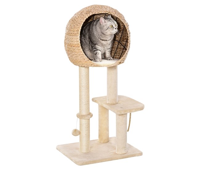 PawHut Árbol Rascador para Gatos 48x40x100 cm Torre de Escalada con Plataformas Caseta de Totora Bola y Cuerda de Juego Poste de Sisal Beige - Conforama Entrega Rápida