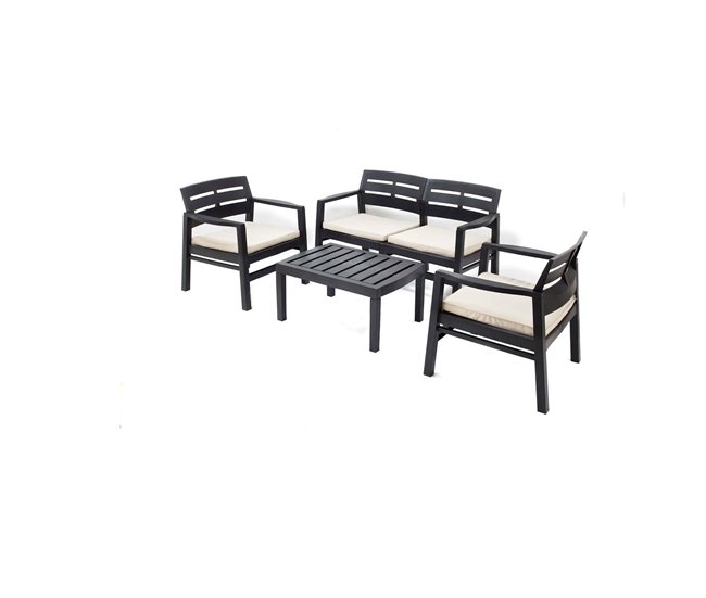Envío Exprés Conjunto de salón de exterior Dgyas, Composición de jardín con 2 sillones, 1 sofá y 1 mesa de centro, Salón interior y exterior con cojines, 100% Made in Italy, Antracita - Conforama