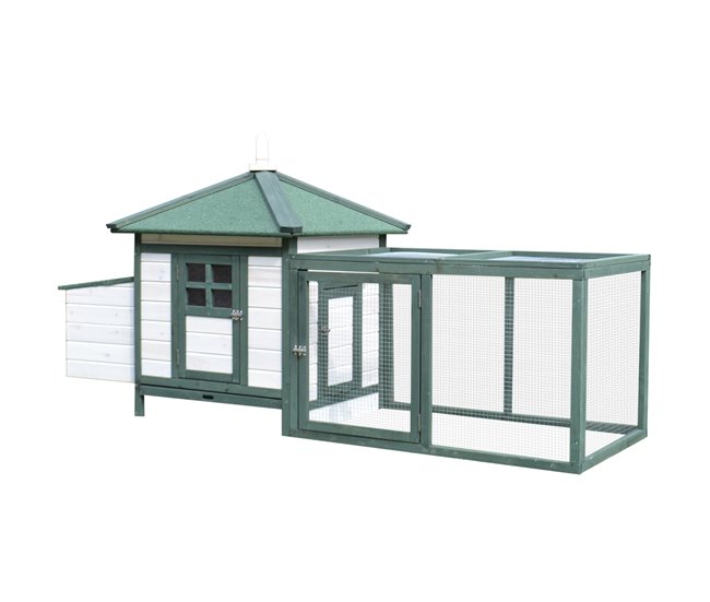 Oferta PawHut Gallinero de Madera de Pino Refugio Jaula para Gallinas Pollos Exterior con Caja Nido Bandeja Extraíble y Espacio para Correr 196x76x97 cm Verde y Blanco - Conforama