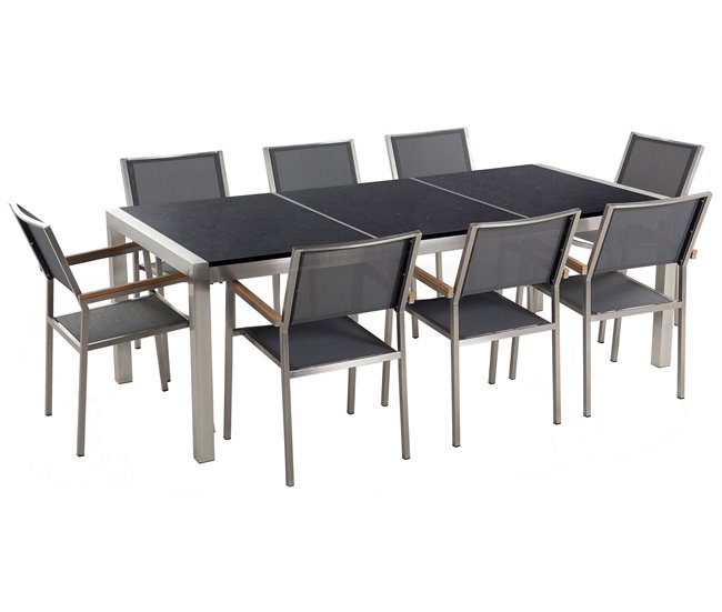 c201ae965226bbf82b2d6bcc99a1cf9bf880c8ae_6c521966e82f4c0fa1c499eac2011bab Conjunto de comedor exterior 8 plazas GROSSETO Placa triple Granito Pulido Negro/Gris - Conforama De Moda