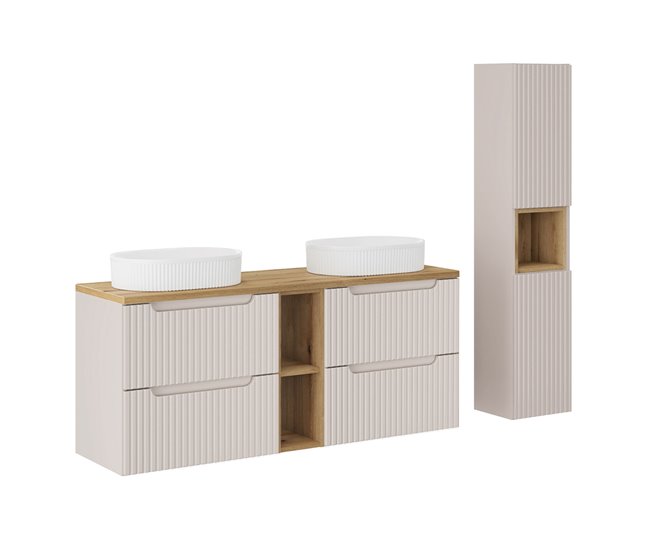 c2294faf4ae9773de587dcc148b3f009dcc0d0bb_727bde98001d4aa5baea0406c544386c Conjunto mueble lavabo doble 140cm 4 cajones 2 compartimientos y columna Riva Blanco y Madera - Conforama Bestseller
