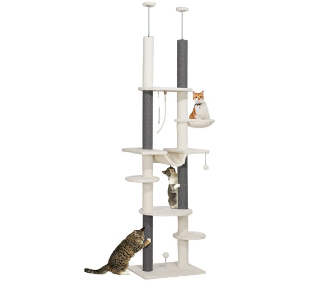 Mejor Calidad PawHut Árbol para Gatos de Suelo a Techo 225-255 cm Árbol Rascador para Gatos de 7 Niveles Torre para Gatos con Hamacas Plataformas Juguete de Cuerda Bola de Juguete Crema y Gris - Conforama