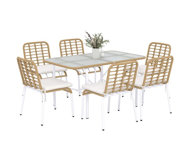cc38c48c181d35081b8b45fa617584c6c715811d_77ba472e88804d75bf6614b5eccf52f5 Premium Outsunny Conjunto de Jardín de Ratán Sintético Juego de Muebles de Jardín para Exterior de Ratán de 7 Piezas Incluye 6 Sillas Apilables con Cojines y Mesa de Vidrio Natural - Conforama