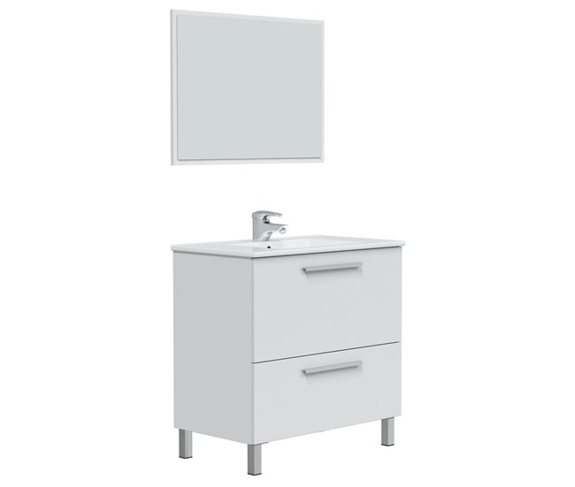 Mueble baño Luis 1 cajón 1 puerta, espejo y lavabo, Blanco brillo - Conforama Oferta