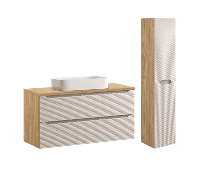 Original Conjunto de muebles con lavabo individual 120cm 2 cajones y columna Elora Beige y madera - Conforama