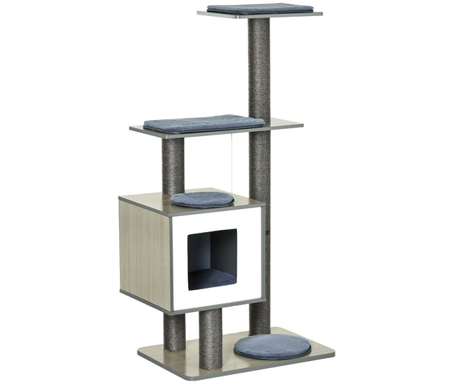 d660609dca04f7de978ae7a03de560e5a1a83fcf_92e6990ac8cd46d6b17d61b82e1e292d Moderno PawHut Árbol Rascador para Gatos de Madera 71,5x49,5x120 cm Torre de Gato con Cueva Plataformas Postes Rascadores de Sisal Cojines de Felpa Suave y Bolas Colgantes Gris - Conforama