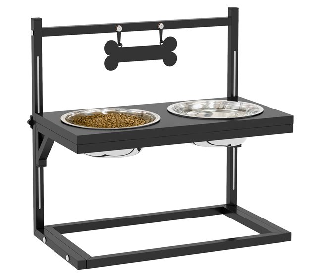 PawHut Comedero Elevado para Perros Cuenco para Perros con 2 Tazones de Acero Inoxidable Altura Ajustable y 1 Placa de Metal en Forma de Hueso 40,5x22x39 cm Negro - Conforama Ordena Ya