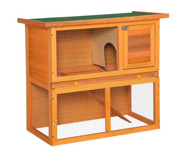 PawHut Conejera de Madera 90x45x80 cm Jaula para Conejos con Corral de Metal Techo Asfáltico Bandeja Extraíble y Rampa Natural - Conforama Oferta