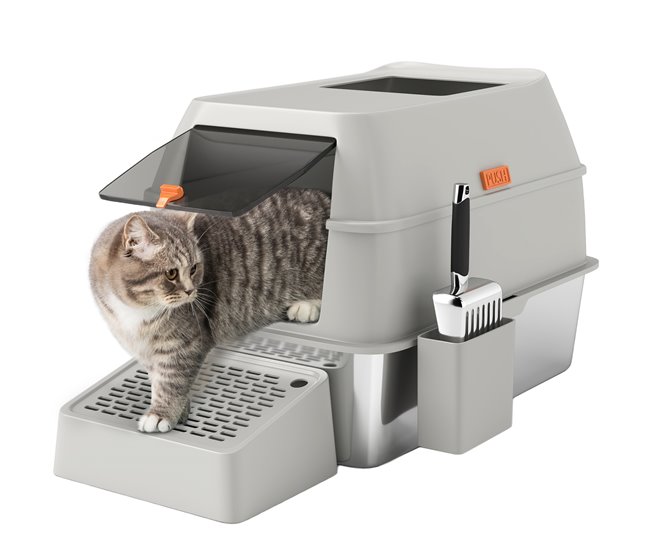 PawHut Arenero para Gatos Cubierto de Acero Caja de Arena para Gatos Arenero Cerrado para Gatos con Paso de Salida y Pala de Acero Gris Claro - Conforama Entrega Rápida