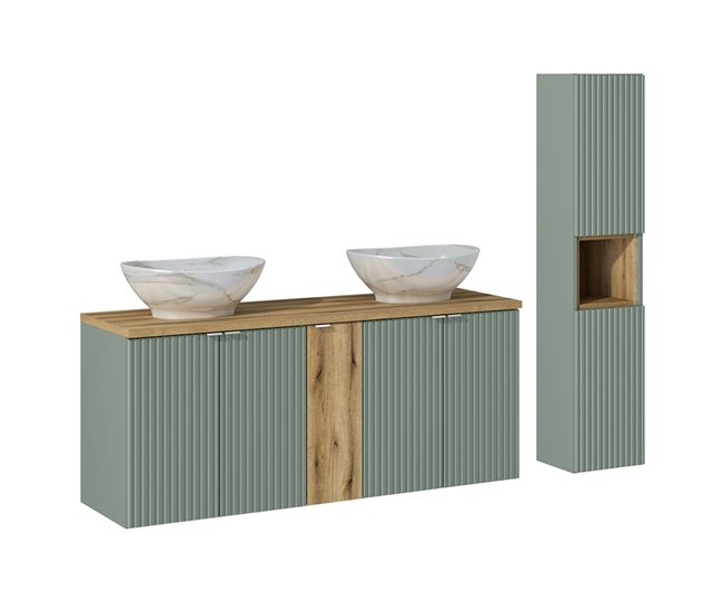 e3cce635f30d05c4b4c1bafd70f8cc96da4d3d77_5d6425ebc2be4c159d95df4eee0f537e Conjunto de muebles con doble lavabo 140 cm 5 puertas y columna Jade Verde y Madera - Conforama Precio Rebajado