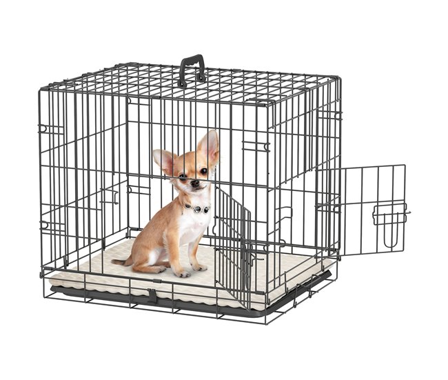 edbb6581bef8de46e391dc4ed1a897f221cce09f_2b6d2d94f37741d8a966815947b73270 PawHut Jaula para Perros Plegable Jaula para Perros Pequeños con Cojín 2 Puertas Bandeja Extraíble y Marco de Alambre Metálico 60x40x50 cm Negro y Beige - Conforama Últimas Unidades