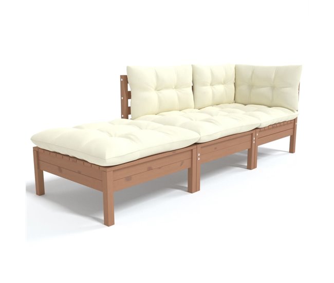 Última Versión Muebles de jardín 3 piezas cojines madera maciza de pino crema - Conforama