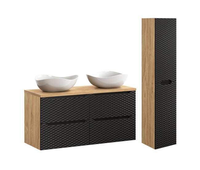 Conjunto de muebles con doble lavabo 120cm 4 cajones y columna Elora Beige y madera Cloud - Conforama Gran Oferta