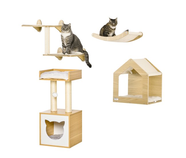 fb5f30dd0abcb8aa4e373d1a8deb4acb6eb0a417_ae9be5f2215a4139b181bb21be7fba7c Mayoreo PawHut Conjunto para Gatos Juego de Casa para Gatos de 2 Niveles con Cama Superior Cojines Lavables y Estantes para Gatos 3 Piezas de Pared con Hamaca 35x35x81 cm Roble - Conforama