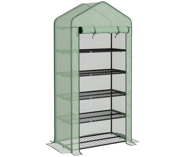 Descuento Outsunny Invernadero de Jardín de 5 Niveles Invernadero Resistente con 1 Puerta Enrollable con Cremallera Anti-UV Diseño Ensanchado y Estantes para Cultivo de Plantas Flores 90x49x193 cm Verde - Conforama